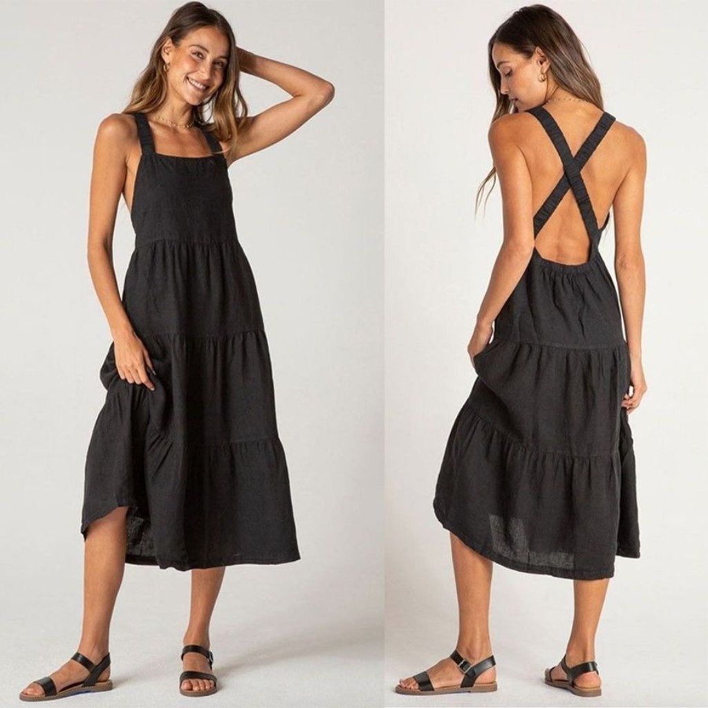Bella Dahl Black Scrunch Strap Tiered Midi Dress Sz S